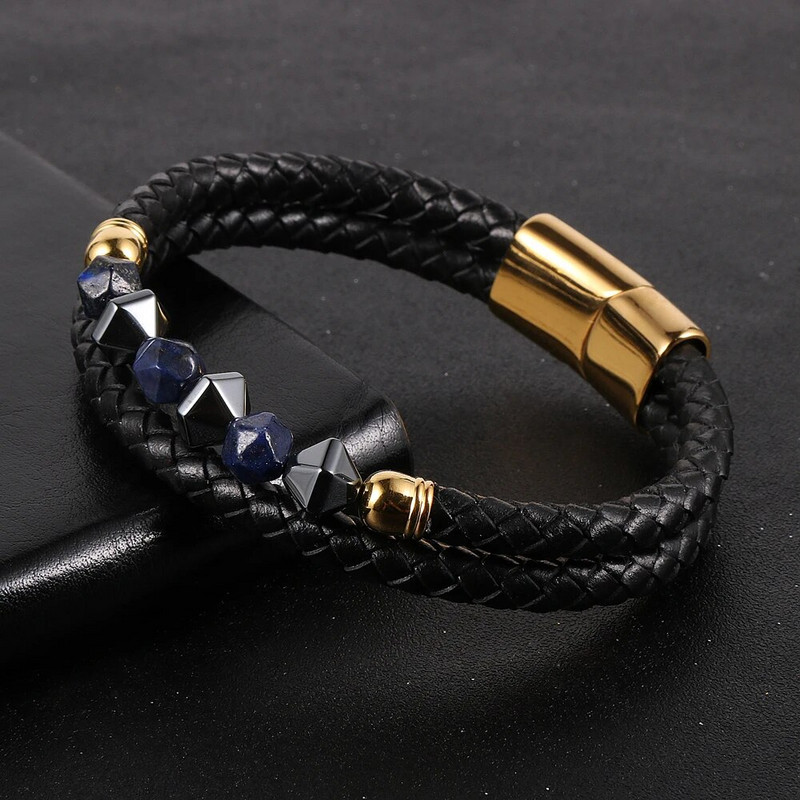 Vīriešu sejas Dabīgais akmens Ahāts Pērlītes Rokassprādzes Slāņi Īstas ādas aukla Nerūsējošā tērauda aizdare Aproce Brazalete Hombre