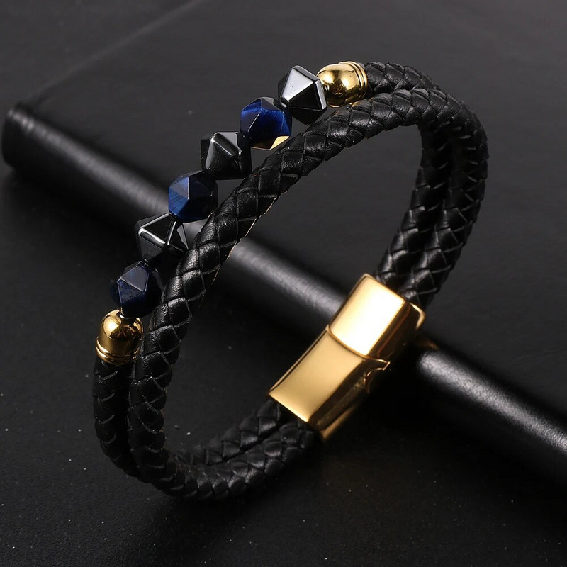 Vīriešu sejas Dabīgais akmens Ahāts Pērlītes Rokassprādzes Slāņi Īstas ādas aukla Nerūsējošā tērauda aizdare Aproce Brazalete Hombre