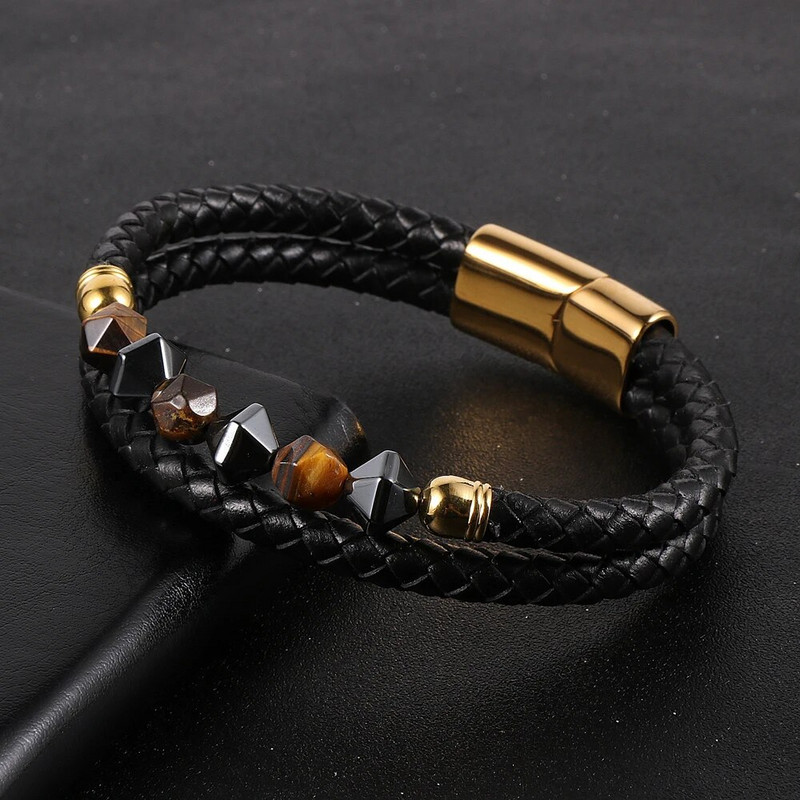 Vīriešu sejas Dabīgais akmens Ahāts Pērlītes Rokassprādzes Slāņi Īstas ādas aukla Nerūsējošā tērauda aizdare Aproce Brazalete Hombre