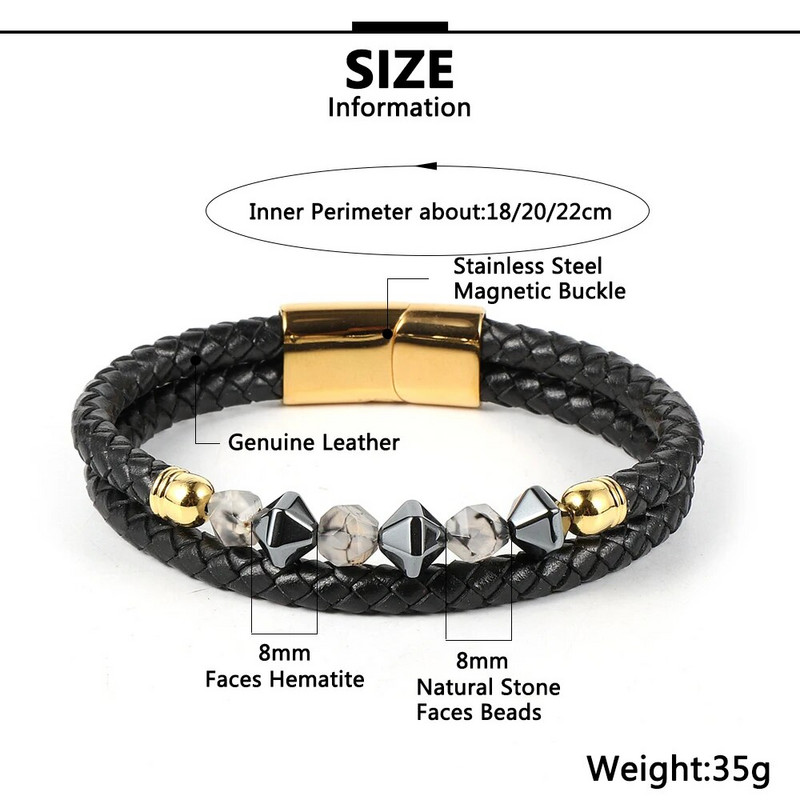 Vīriešu sejas Dabīgais akmens Ahāts Pērlītes Rokassprādzes Slāņi Īstas ādas aukla Nerūsējošā tērauda aizdare Aproce Brazalete Hombre