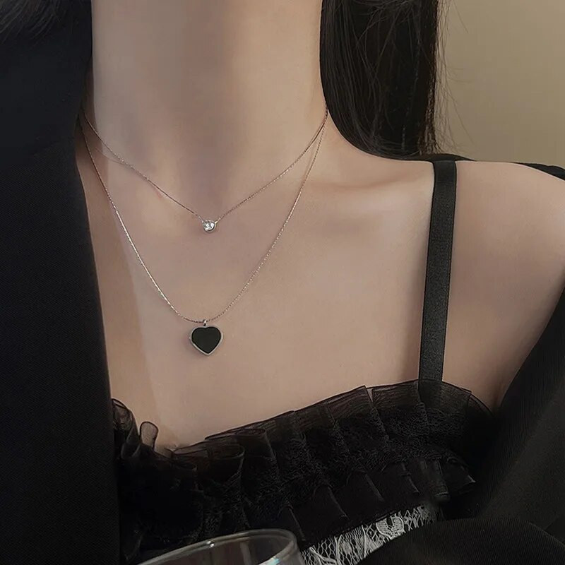 Jauna modes tendence unikāls dizains, izsmalcināts gaišs, grezns cirkona divslāņu melns mīlestības sirds kaklarota sieviešu rotaslietas ballītes dāvana
