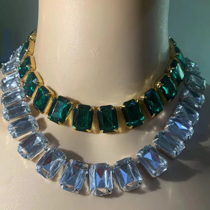 INS Χειροποίητο 6 Χρώματα Κολιέ από γυαλί κρύσταλλο Statement Κρεμαστό γιακά κολιέ για γυναίκες Κολιέ με στρας μεγάλο τετράγωνο τσόκερ