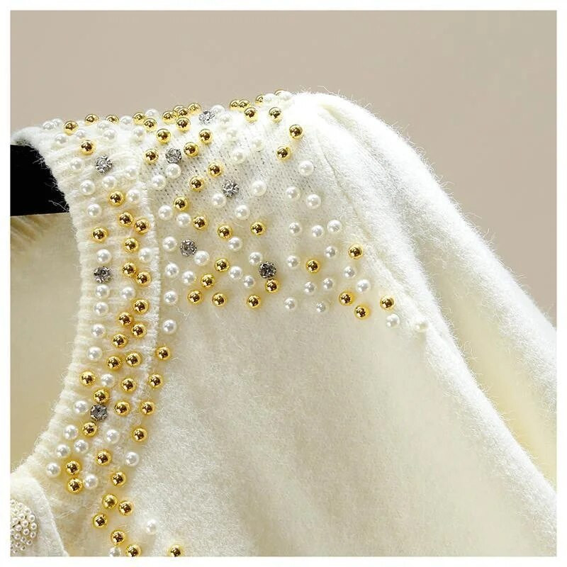 Moteriškas megztinis 2022 m. rudens žiema Naujas megztas megztinis su O formos kakleliu, glaudžiai prigludęs karoliukais su megztiniu ilgomis rankovėmis megztinis trikotažo viršus