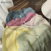 Γυναικεία μονόχρωμα πουλόβερ με ζακέτα με κούφιο ύφος πλεκτά, με φαρδιά λαιμόκοψη, κομψή καθημερινή κορεατική μόδα, Casual Harajuku Streetwear