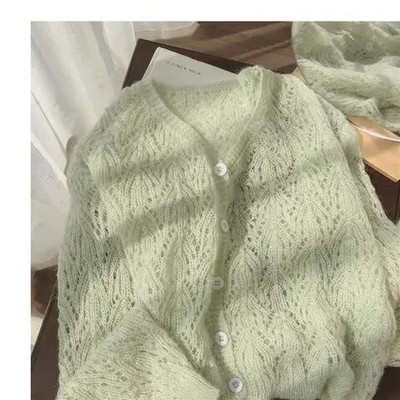 Γυναικεία μονόχρωμα πουλόβερ με ζακέτα με κούφιο ύφος πλεκτά, με φαρδιά λαιμόκοψη, κομψή καθημερινή κορεατική μόδα, Casual Harajuku Streetwear