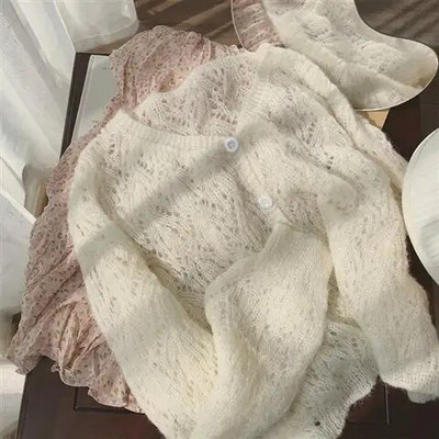 Γυναικεία μονόχρωμα πουλόβερ με ζακέτα με κούφιο ύφος πλεκτά, με φαρδιά λαιμόκοψη, κομψή καθημερινή κορεατική μόδα, Casual Harajuku Streetwear