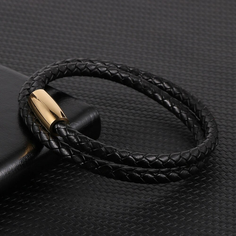 Kétrétegű, sima valódi bőr pántos karkötők férfi rozsdamentes acél mágneses csattal, minimalista kézi csuklópántos ékszerek