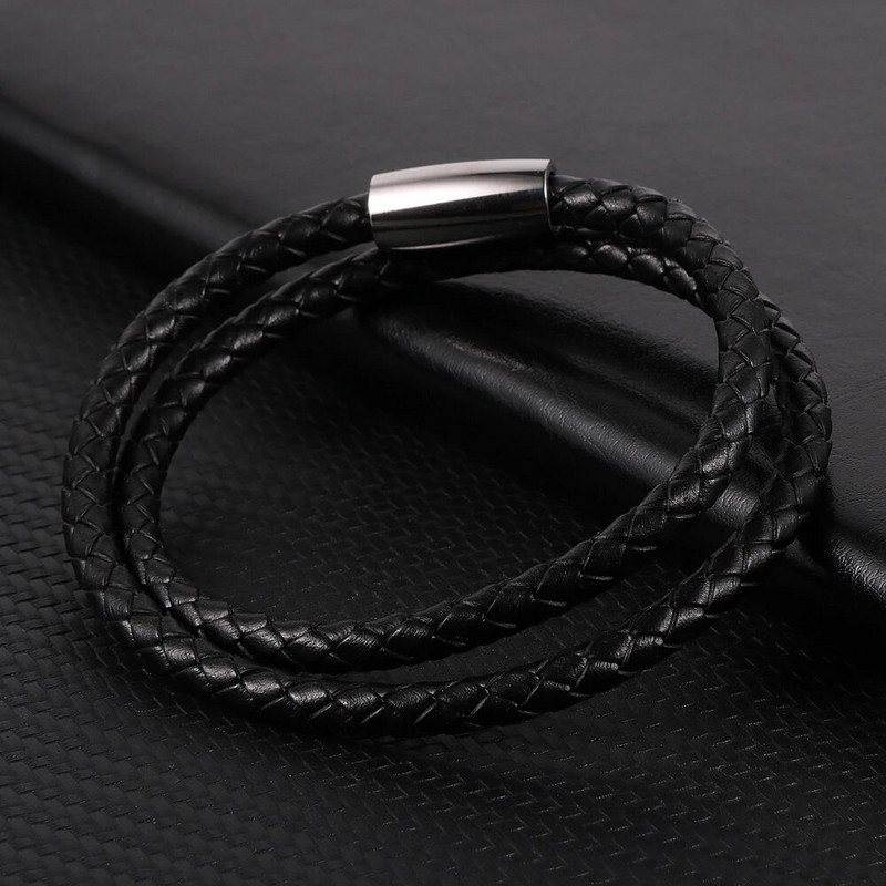 Kétrétegű, sima valódi bőr pántos karkötők férfi rozsdamentes acél mágneses csattal, minimalista kézi csuklópántos ékszerek