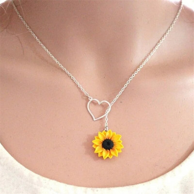 Madingi paprasti geltonos saulėgrąžų širdelės Lariat karoliai Moterų begalybės žavesio nuotakos gėlių saulėgrąžų pamergės margučių karoliai