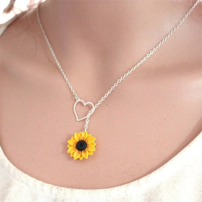 Madingi paprasti geltonos saulėgrąžų širdelės Lariat karoliai Moterų begalybės žavesio nuotakos gėlių saulėgrąžų pamergės margučių karoliai