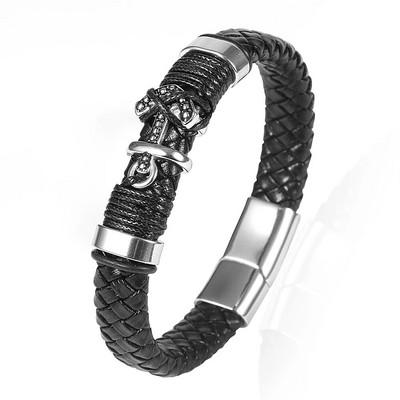 Vintage platuma govs ādas pītas ādas rokassprādzes rotaslietas no nerūsējošā tērauda enkura šarmu magnētiskas sprādzes rokas aproces vīriešiem