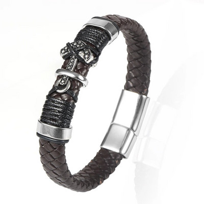 Vintage platuma govs ādas pītas ādas rokassprādzes rotaslietas no nerūsējošā tērauda enkura šarmu magnētiskas sprādzes rokas aproces vīriešiem