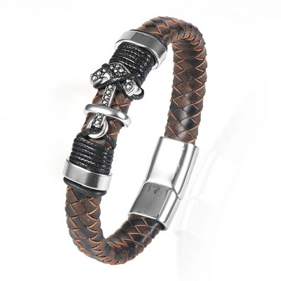 Vintage platuma govs ādas pītas ādas rokassprādzes rotaslietas no nerūsējošā tērauda enkura šarmu magnētiskas sprādzes rokas aproces vīriešiem