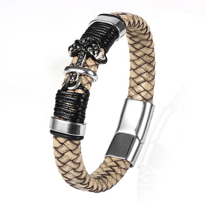 Vintage platuma govs ādas pītas ādas rokassprādzes rotaslietas no nerūsējošā tērauda enkura šarmu magnētiskas sprādzes rokas aproces vīriešiem