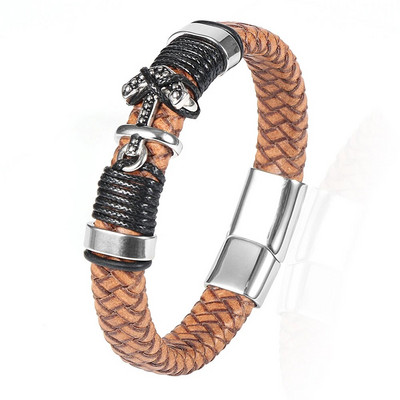 Vintage platuma govs ādas pītas ādas rokassprādzes rotaslietas no nerūsējošā tērauda enkura šarmu magnētiskas sprādzes rokas aproces vīriešiem