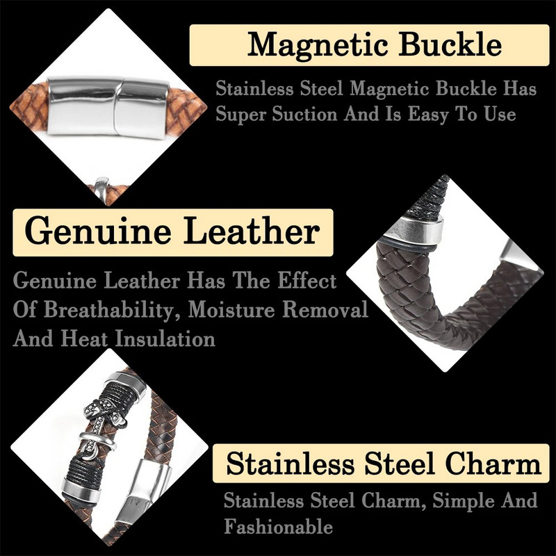 Vintage platuma govs ādas pītas ādas rokassprādzes rotaslietas no nerūsējošā tērauda enkura šarmu magnētiskas sprādzes rokas aproces vīriešiem