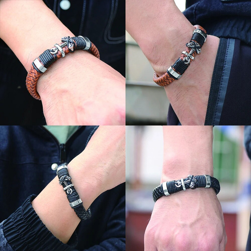 Vintage platuma govs ādas pītas ādas rokassprādzes rotaslietas no nerūsējošā tērauda enkura šarmu magnētiskas sprādzes rokas aproces vīriešiem