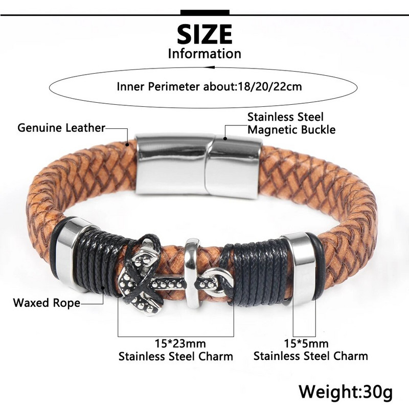 Vintage platuma govs ādas pītas ādas rokassprādzes rotaslietas no nerūsējošā tērauda enkura šarmu magnētiskas sprādzes rokas aproces vīriešiem