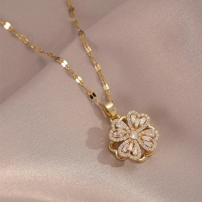 Madingi besisukantys keturių lapų dobilų kaklo karoliai moterims, kūrybingi 360° besisukantys vario papuošalai su mikro inkrustacija vakarėliui