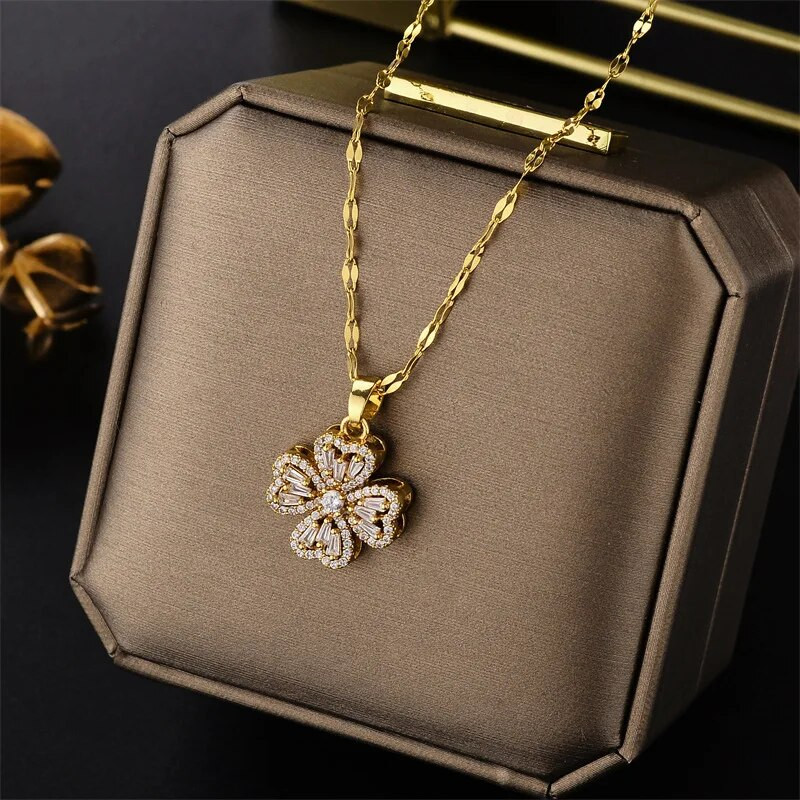 Madingi besisukantys keturių lapų dobilų kaklo karoliai moterims, kūrybingi 360° besisukantys vario papuošalai su mikro inkrustacija vakarėliui