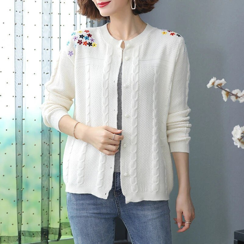 Elegants izšuvums Trikotāžas džemperis Jaciņš Sieviešu ikdienas īsās jakas korejiešu modes brīvs mētelis pavasara lielizmēra trikotāžas topi