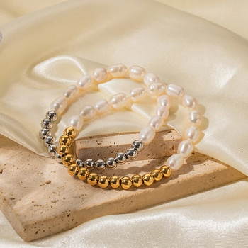 Youthway Модерна гривна от кръгли мъниста от сладководна перла от неръждаема стомана Мъже Жени Златно сребърен цвят Водоустойчиви бижута