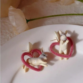 Harajuku White Resin Heart Rabbit Drop σκουλαρίκια για κορίτσια Μόδα δαχτυλίδι αυτιού Κοσμήματα Χαριτωμένο τρισδιάστατο σκουλαρίκι ζώων