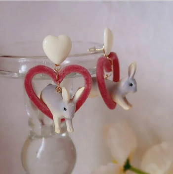 Harajuku White Resin Heart Rabbit Drop σκουλαρίκια για κορίτσια Μόδα δαχτυλίδι αυτιού Κοσμήματα Χαριτωμένο τρισδιάστατο σκουλαρίκι ζώων