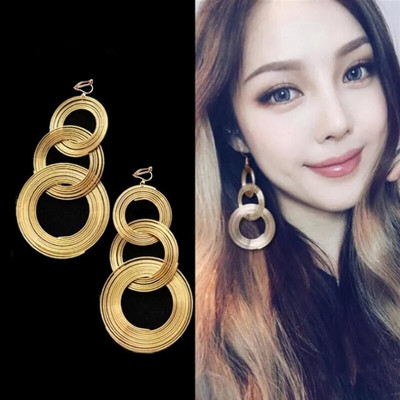 JIOFREE Punk Gold Color Big Geometric 3 Circle Long Clip Auskari Sievietēm Bohēmijas ballīte Pārspīlēti Brincos Modes Rotaslietas