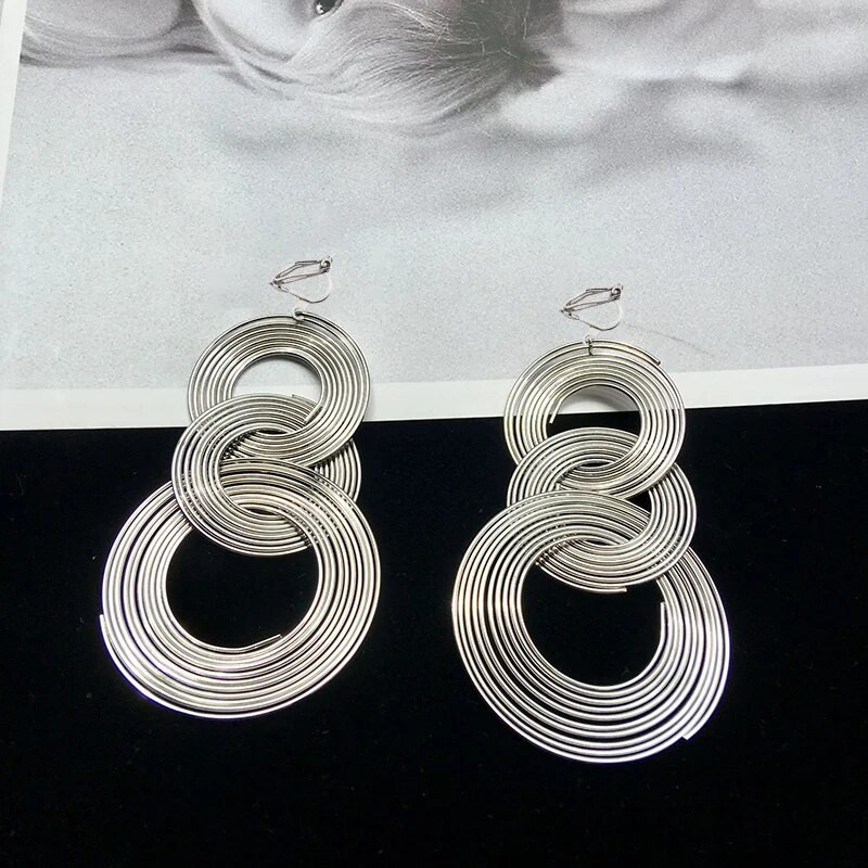 JIOFREE Punk arany színű nagy, geometrikus 3 kör alakú hosszú klip fülbevaló nőknek Bohém Party Túlzó Brincos divatékszerek