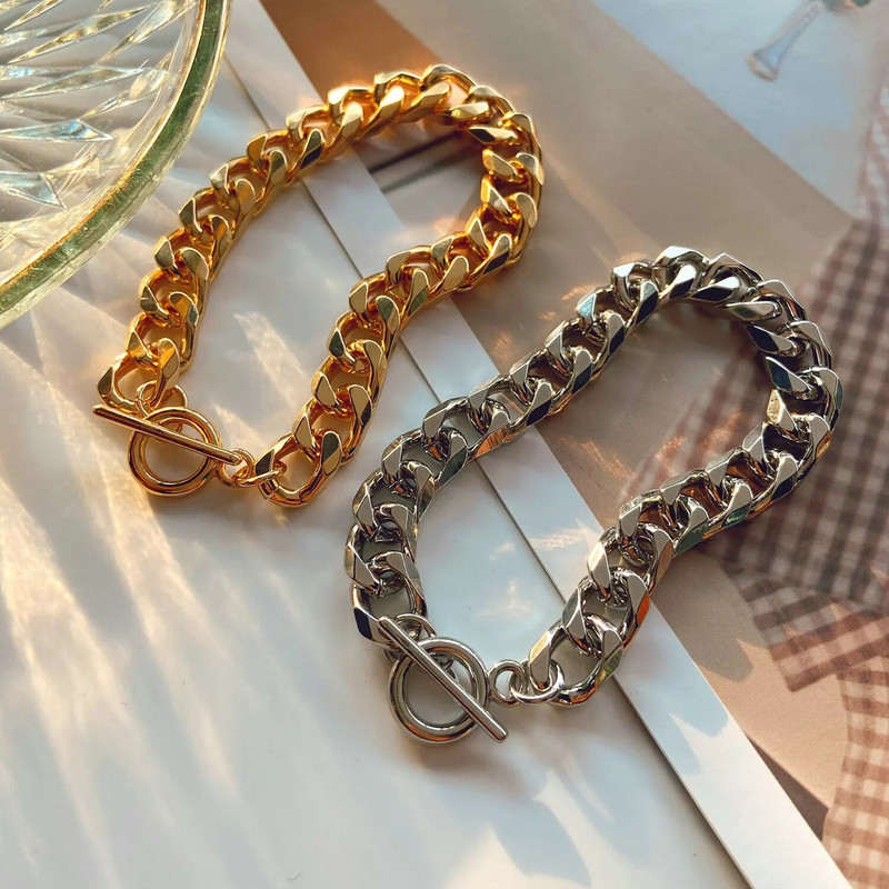 Punk hiphopo stiliaus 8,66 mm storio kubietiškos grandinėlės apyrankės moterims OT Stick sagties saito rankinė grandinėlė, stambios apyrankės papuošalai