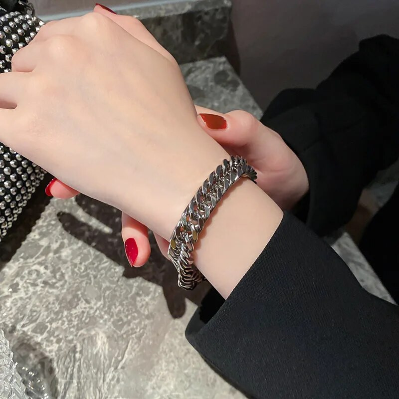 Punk hiphopo stiliaus 8,66 mm storio kubietiškos grandinėlės apyrankės moterims OT Stick sagties saito rankinė grandinėlė, stambios apyrankės papuošalai