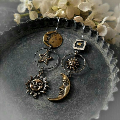 Vintage Sun Moon auskari Dangle personalizēti antīki metāla gari asimetriski auskari sievietēm rotaslietas aksesuāri