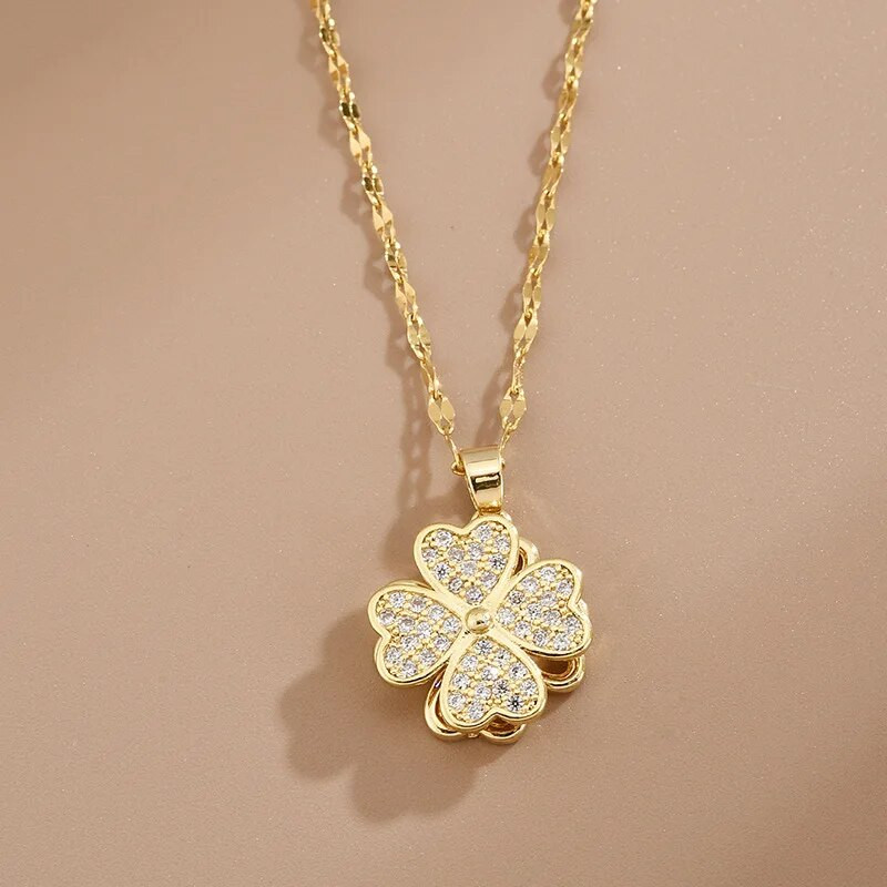 Peen moodne kahekihiline 360° pöörleva südamega neljalehelise ristiku kaelakee naistele loova õnnega vasest mikroinkrusteeritud ehted
