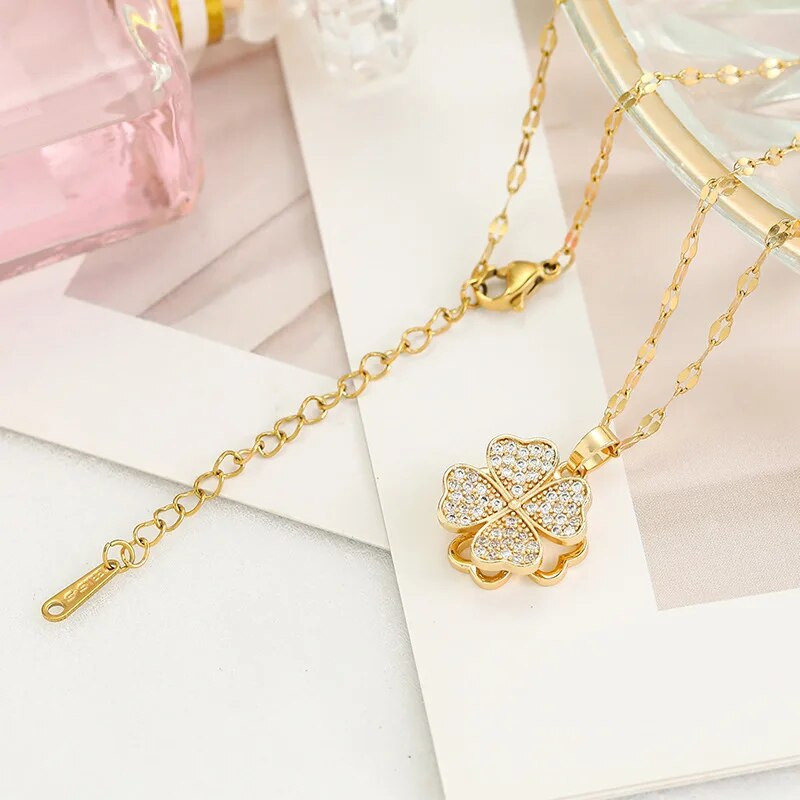 Peen moodne kahekihiline 360° pöörleva südamega neljalehelise ristiku kaelakee naistele loova õnnega vasest mikroinkrusteeritud ehted