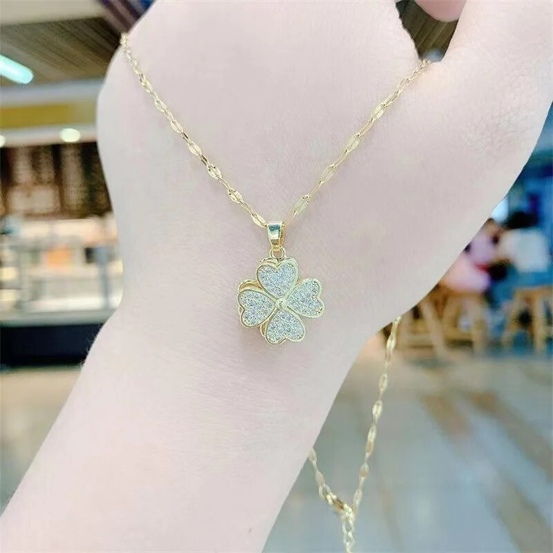 Peen moodne kahekihiline 360° pöörleva südamega neljalehelise ristiku kaelakee naistele loova õnnega vasest mikroinkrusteeritud ehted