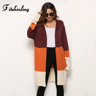 Fitshinling Patchwork Γυναικείες ζακέτες Invierno Mujer Πλεκτά Μόδα Λεπτή μακριά Ζακέτα Γυναικεία Ρούχα Vintage Μπουφάν πουλόβερ