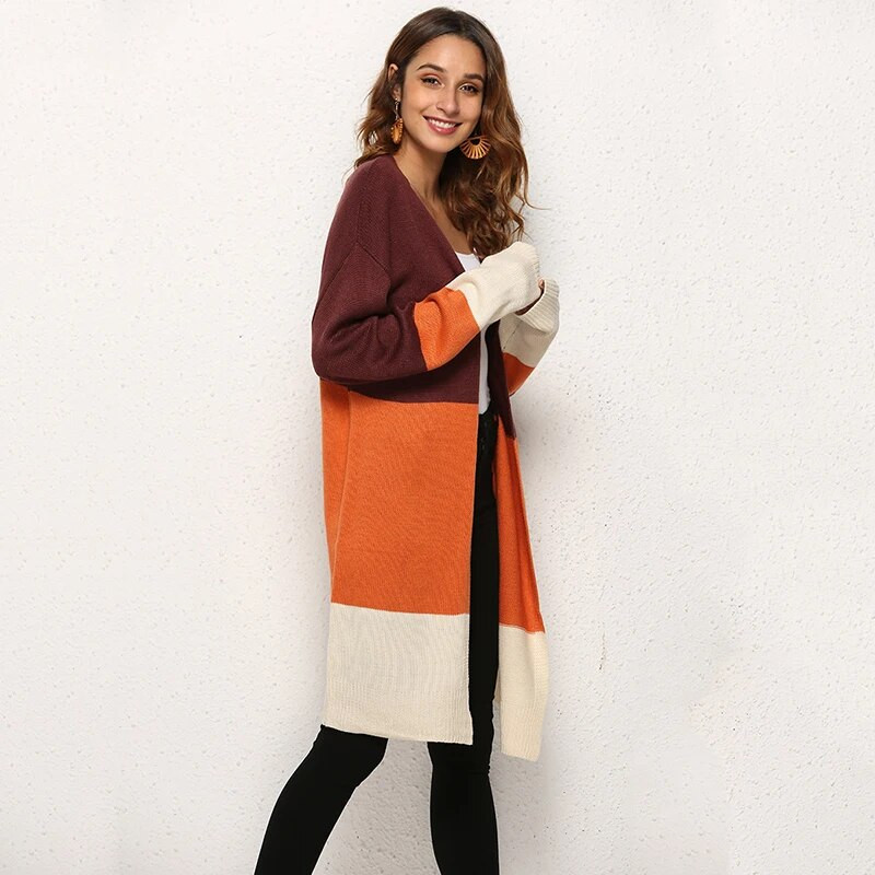 Fitshinling Patchwork Sieviešu jakas Invierno Mujer Trikotāža Mode Slim Long Jaciņš Sieviešu apģērbi Vintage džemperi Jakas