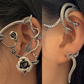 Punk Devil Elf Rose Ear Cuff Auskari Gothic Dark Clip Auskari Sievietēm Metāla Sudraba Krāsa Viltus Pīrsings Auskaru Ballīte Juvelierizstrādājumi