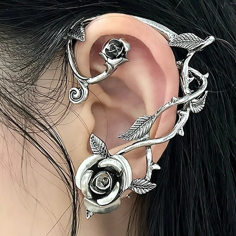 Punk Devil Elf Rose Ear Cuff Auskari Gothic Dark Clip Auskari Sievietēm Metāla Sudraba Krāsa Viltus Pīrsings Auskaru Ballīte Juvelierizstrādājumi