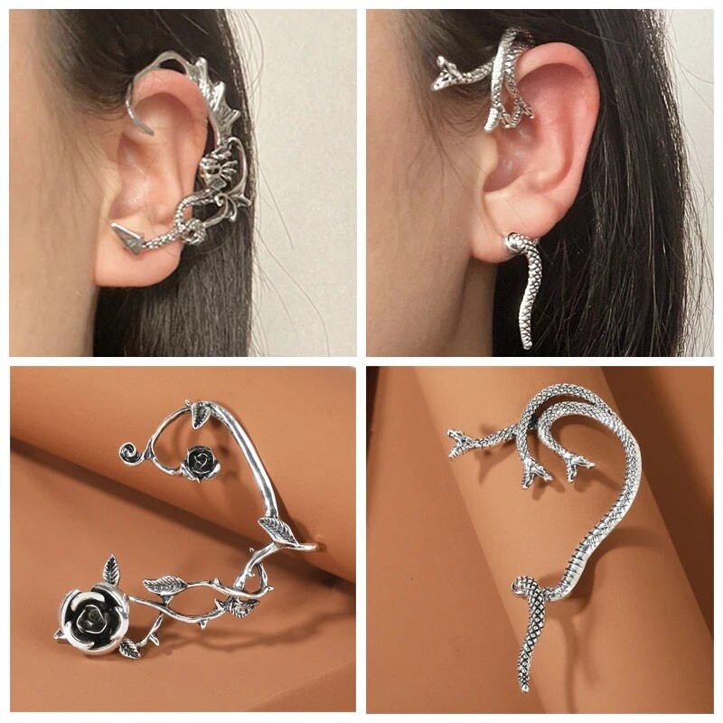 Punk Devil Elf Rose Ear Cuff Auskari Gothic Dark Clip Auskari Sievietēm Metāla Sudraba Krāsa Viltus Pīrsings Auskaru Ballīte Juvelierizstrādājumi