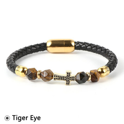 Nabest vīriešu sieviešu misiņa cirkonīta krusts īstas ādas rokassprādze, sejas roze, tīģera acu krelles, nerūsējošā tērauda sprādzes aproce