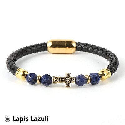 Nabest vīriešu sieviešu misiņa cirkonīta krusts īstas ādas rokassprādze, sejas roze, tīģera acu krelles, nerūsējošā tērauda sprādzes aproce