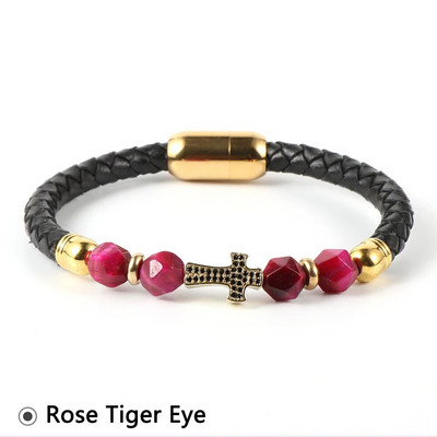 Nabest vīriešu sieviešu misiņa cirkonīta krusts īstas ādas rokassprādze, sejas roze, tīģera acu krelles, nerūsējošā tērauda sprādzes aproce