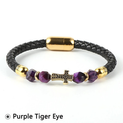 Nabest vīriešu sieviešu misiņa cirkonīta krusts īstas ādas rokassprādze, sejas roze, tīģera acu krelles, nerūsējošā tērauda sprādzes aproce