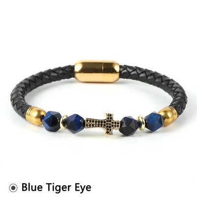 Nabest vīriešu sieviešu misiņa cirkonīta krusts īstas ādas rokassprādze, sejas roze, tīģera acu krelles, nerūsējošā tērauda sprādzes aproce