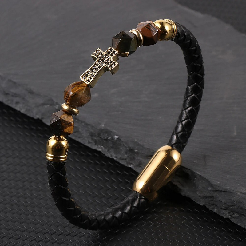 Nabest vīriešu sieviešu misiņa cirkonīta krusts īstas ādas rokassprādze, sejas roze, tīģera acu krelles, nerūsējošā tērauda sprādzes aproce