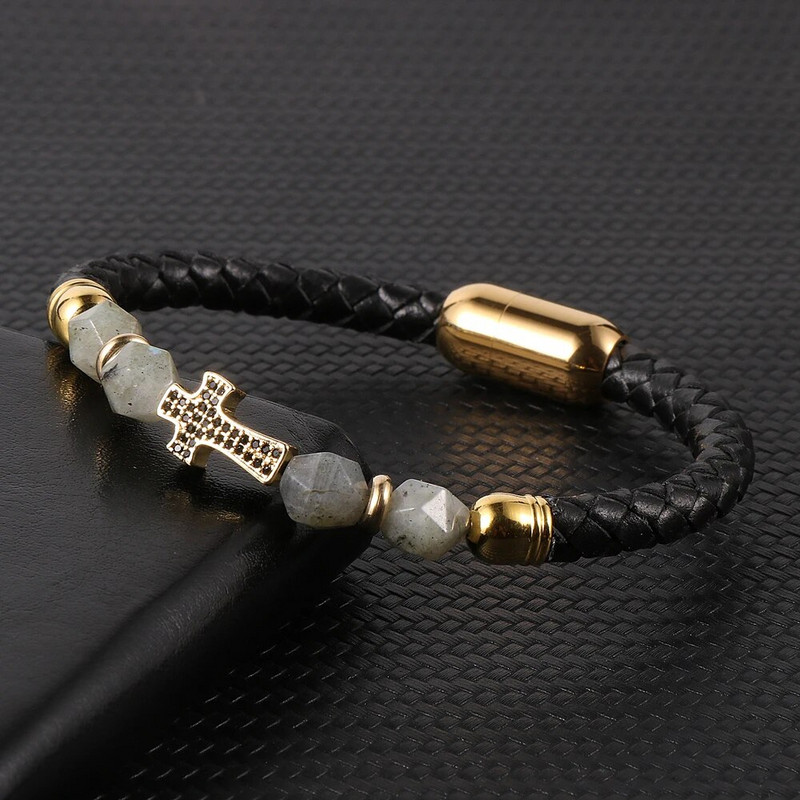 Nabest vīriešu sieviešu misiņa cirkonīta krusts īstas ādas rokassprādze, sejas roze, tīģera acu krelles, nerūsējošā tērauda sprādzes aproce