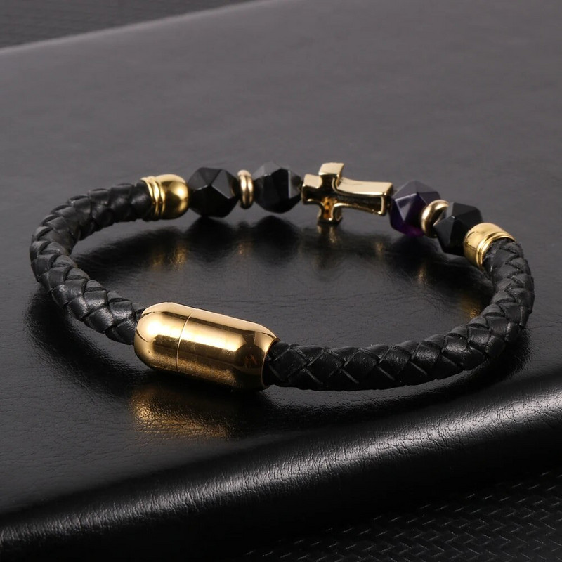 Nabest vīriešu sieviešu misiņa cirkonīta krusts īstas ādas rokassprādze, sejas roze, tīģera acu krelles, nerūsējošā tērauda sprādzes aproce