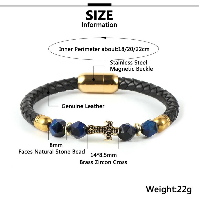 Nabest vīriešu sieviešu misiņa cirkonīta krusts īstas ādas rokassprādze, sejas roze, tīģera acu krelles, nerūsējošā tērauda sprādzes aproce